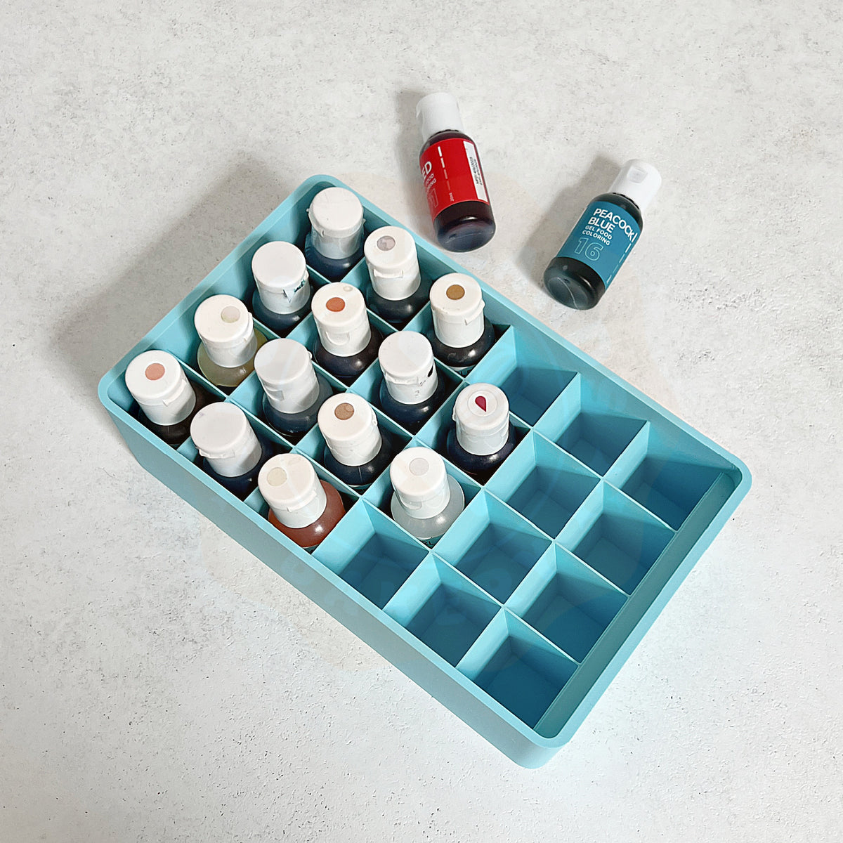 3D printed 24-slot gel food color organizer by Kiburz Cookies
