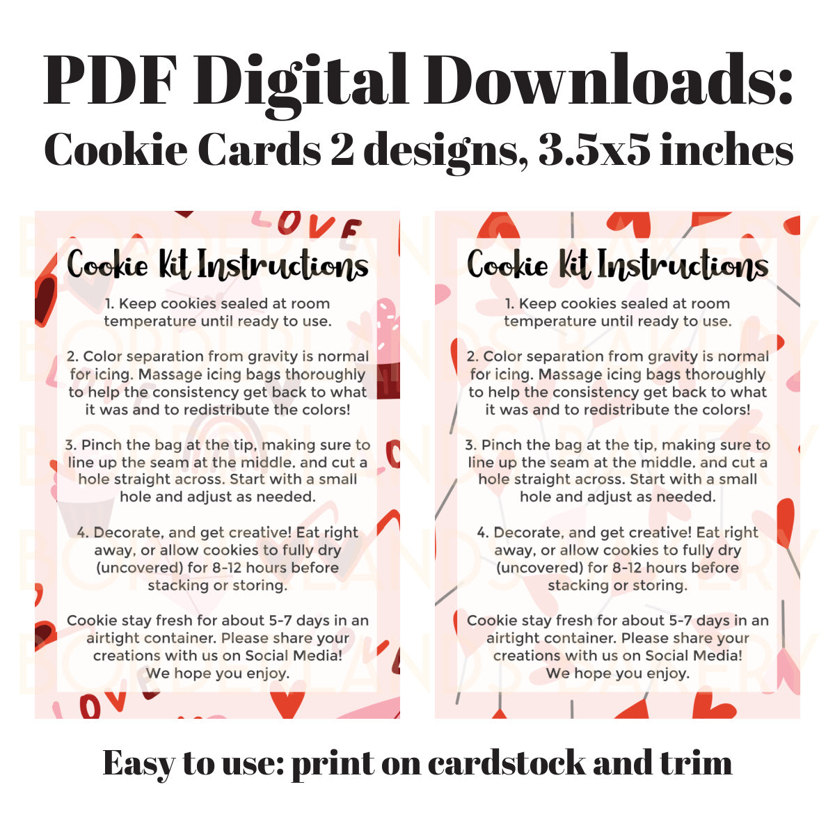 Valentine's Day cookie card PDF download, two designs