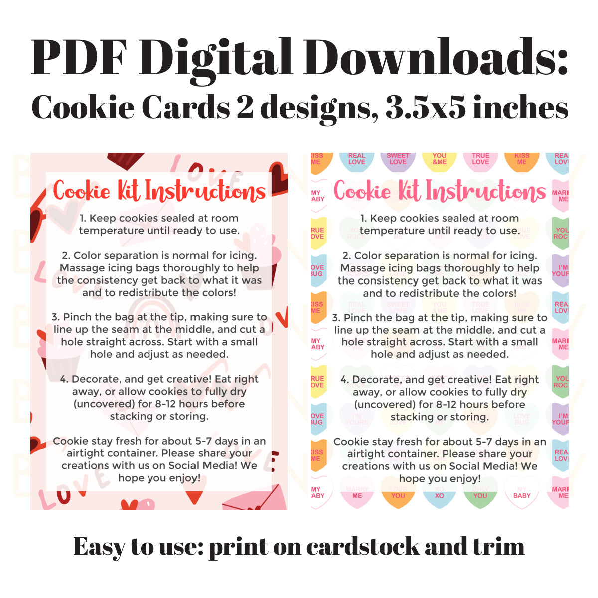 Valentine's Day cookie card PDF download, two designs