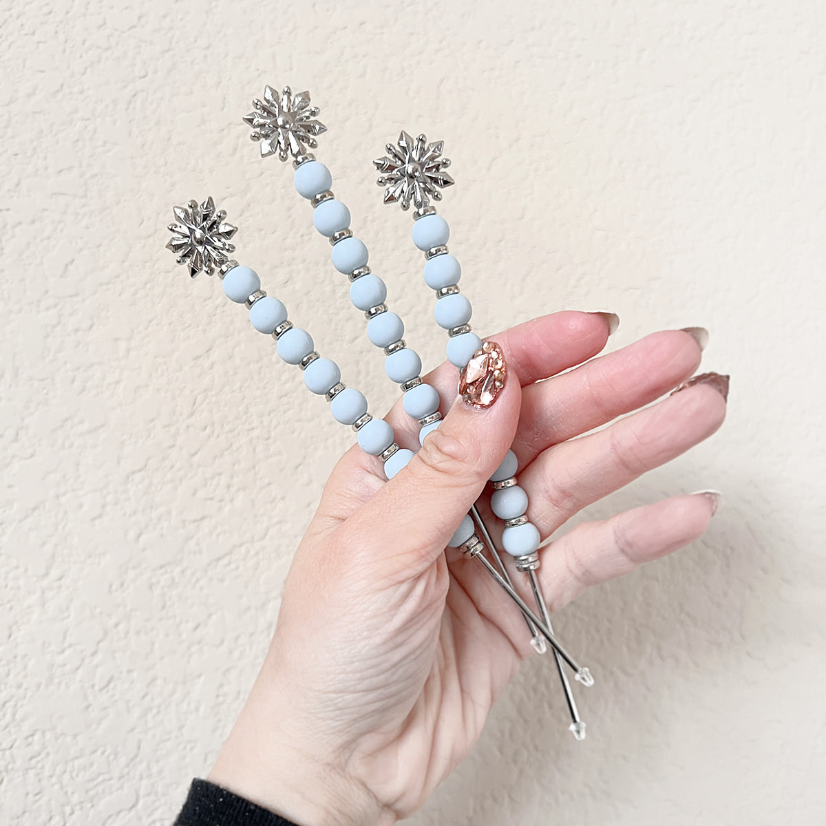 Handmade snowflake cookie scribe with rhinestone and silicone beads