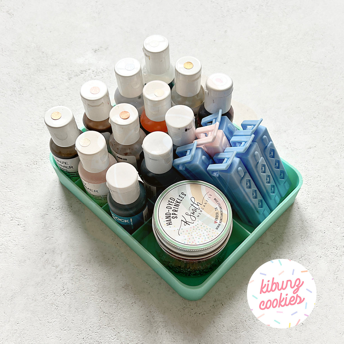 Mint green 3D printed gel color organizer with 12 wells, designed by Kiburz Cookies