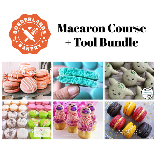 French macaron decorating course and macaron start kit with piping bags, tips, and scribe