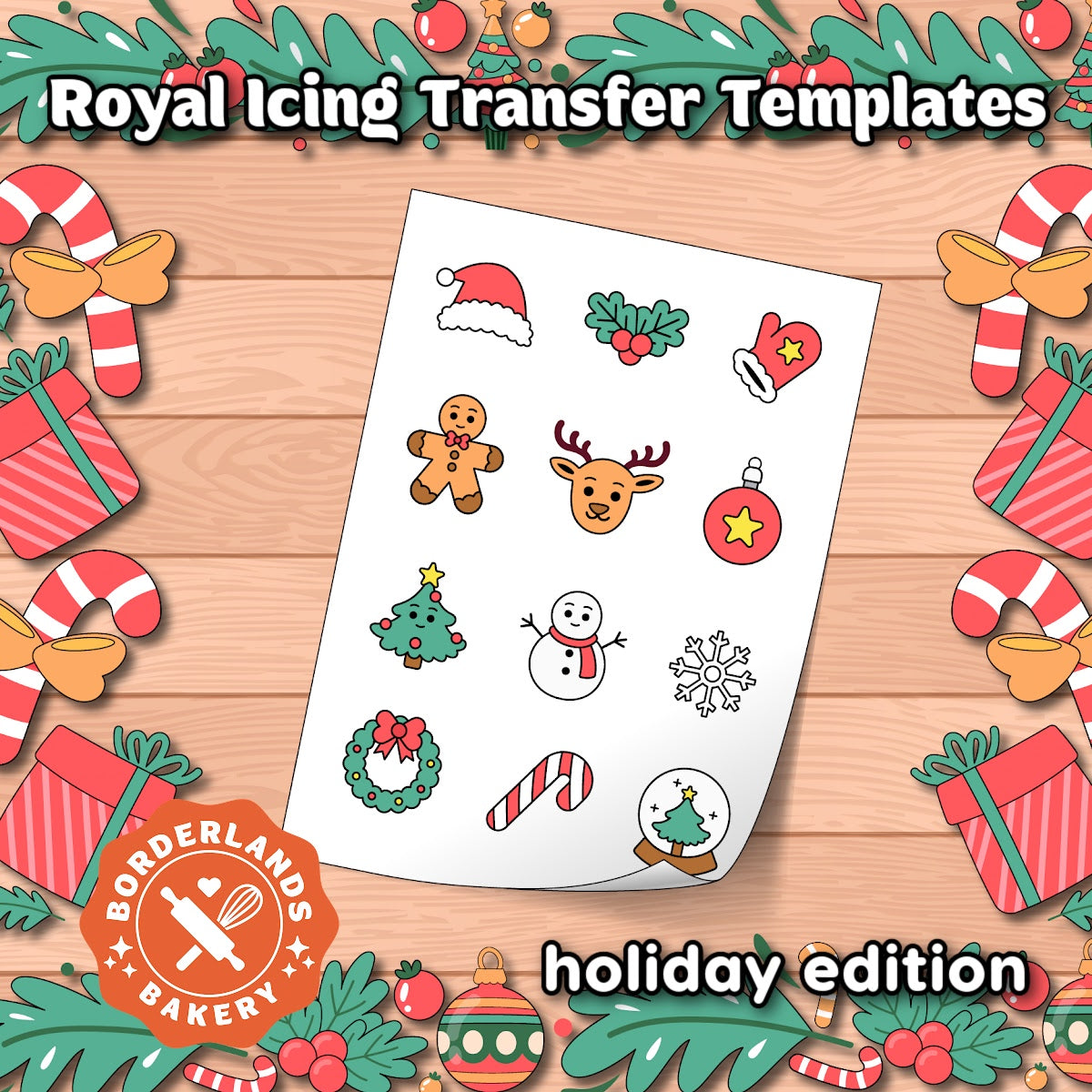 Holiday themed royal icing transfer template PDF, watermelon, pizza, orange, lemon, and lime shapes
