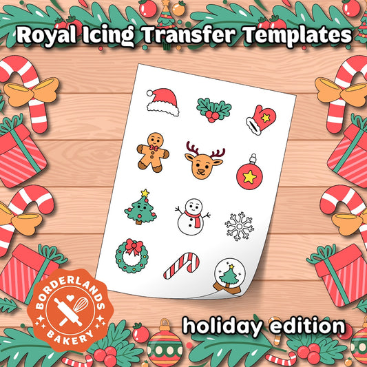 Holiday themed royal icing transfer template PDF, watermelon, pizza, orange, lemon, and lime shapes