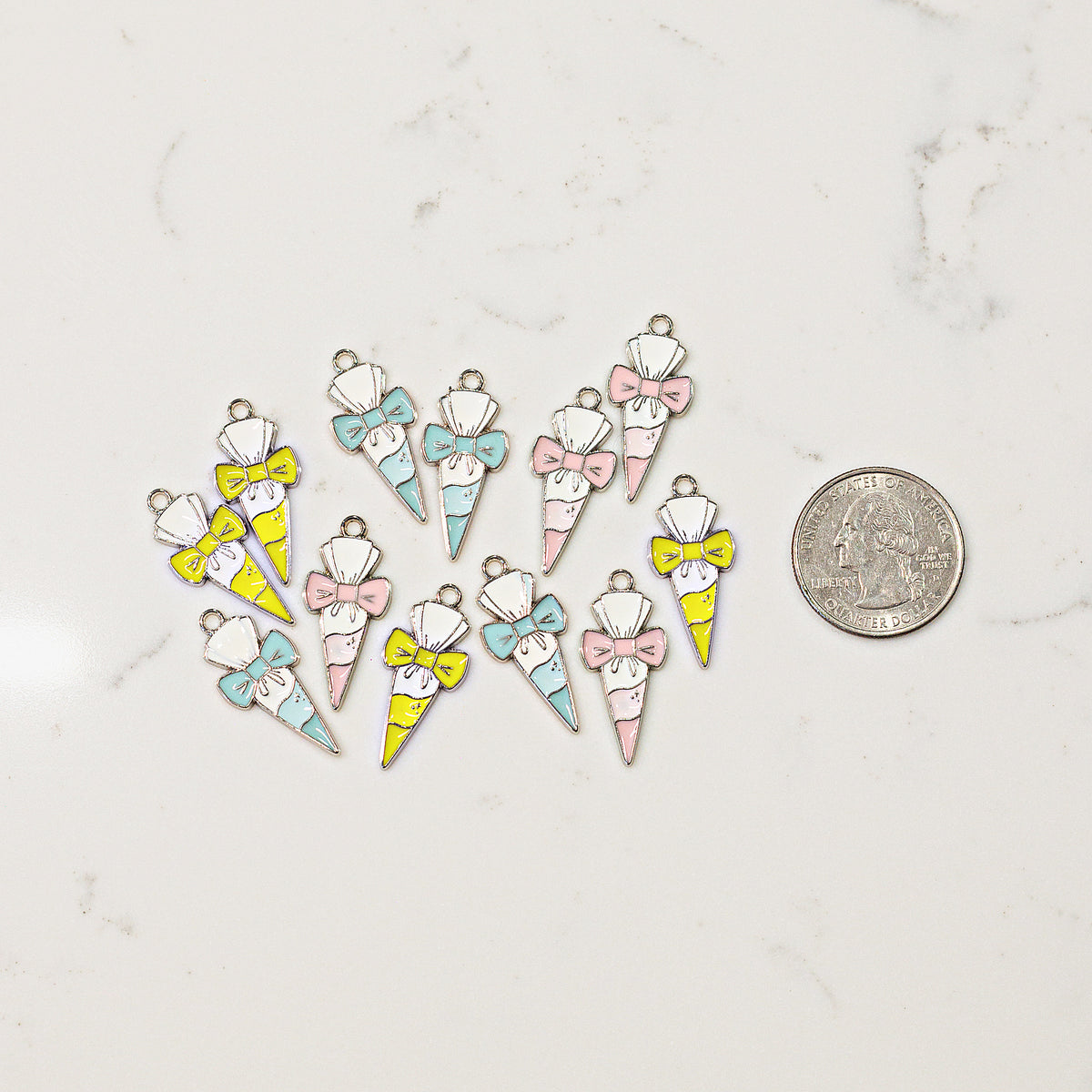Piping bag bow enamel charm, 1.15 inches, sold as a pair