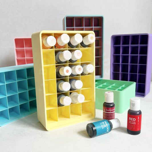 3D printed 24-slot gel food color organizer by Kiburz Cookies