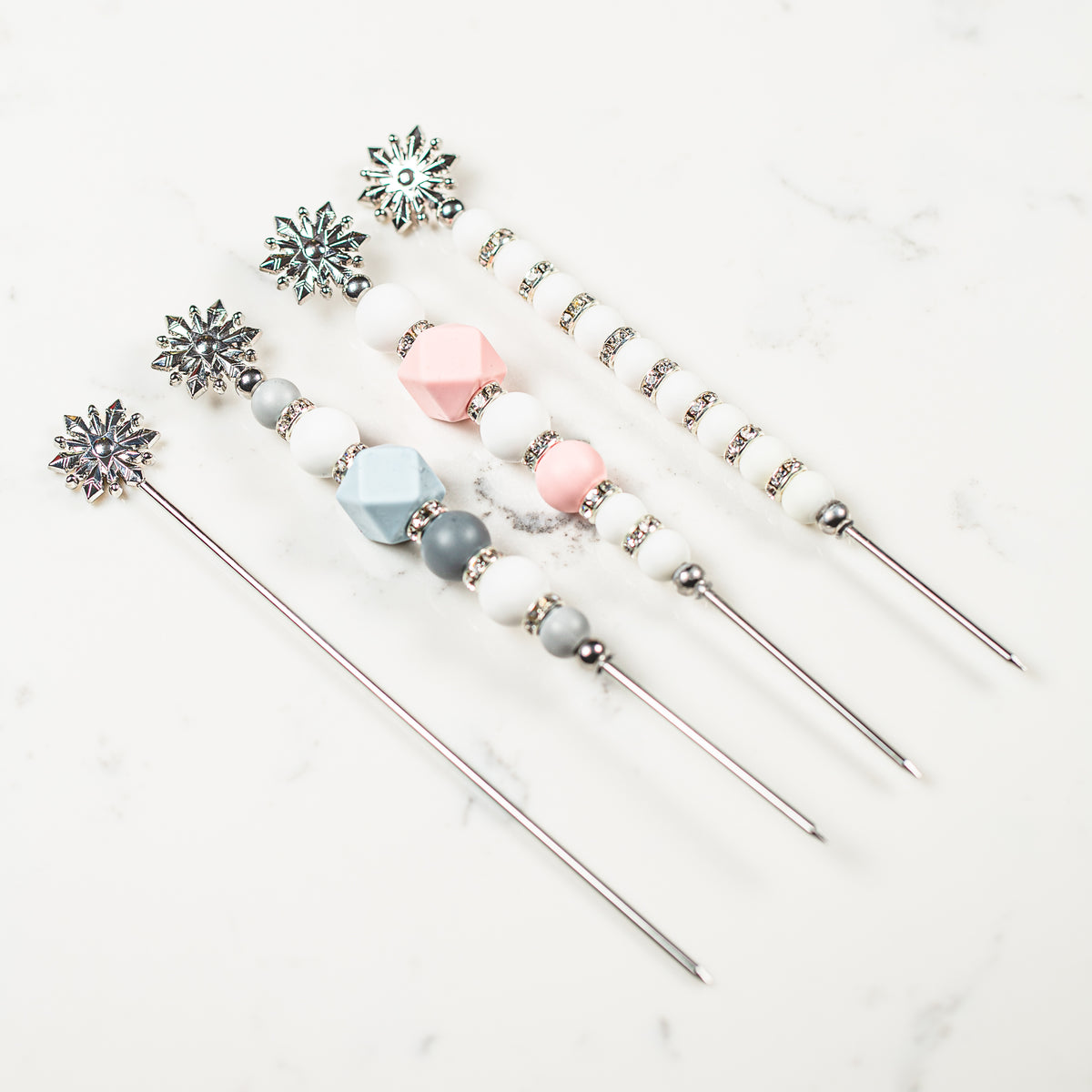 Handmade snowflake cookie scribe with rhinestone and silicone beads