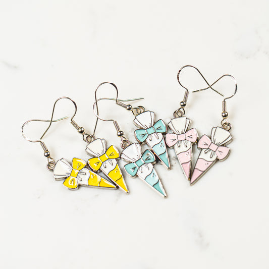 Dainty piping bag and bow clip enamel charm earrings