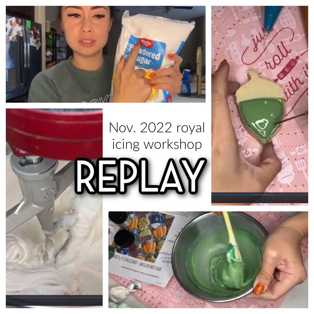 Royal icing Zoom workshop replay with fall themed cookie decorating examples and recipe PDF