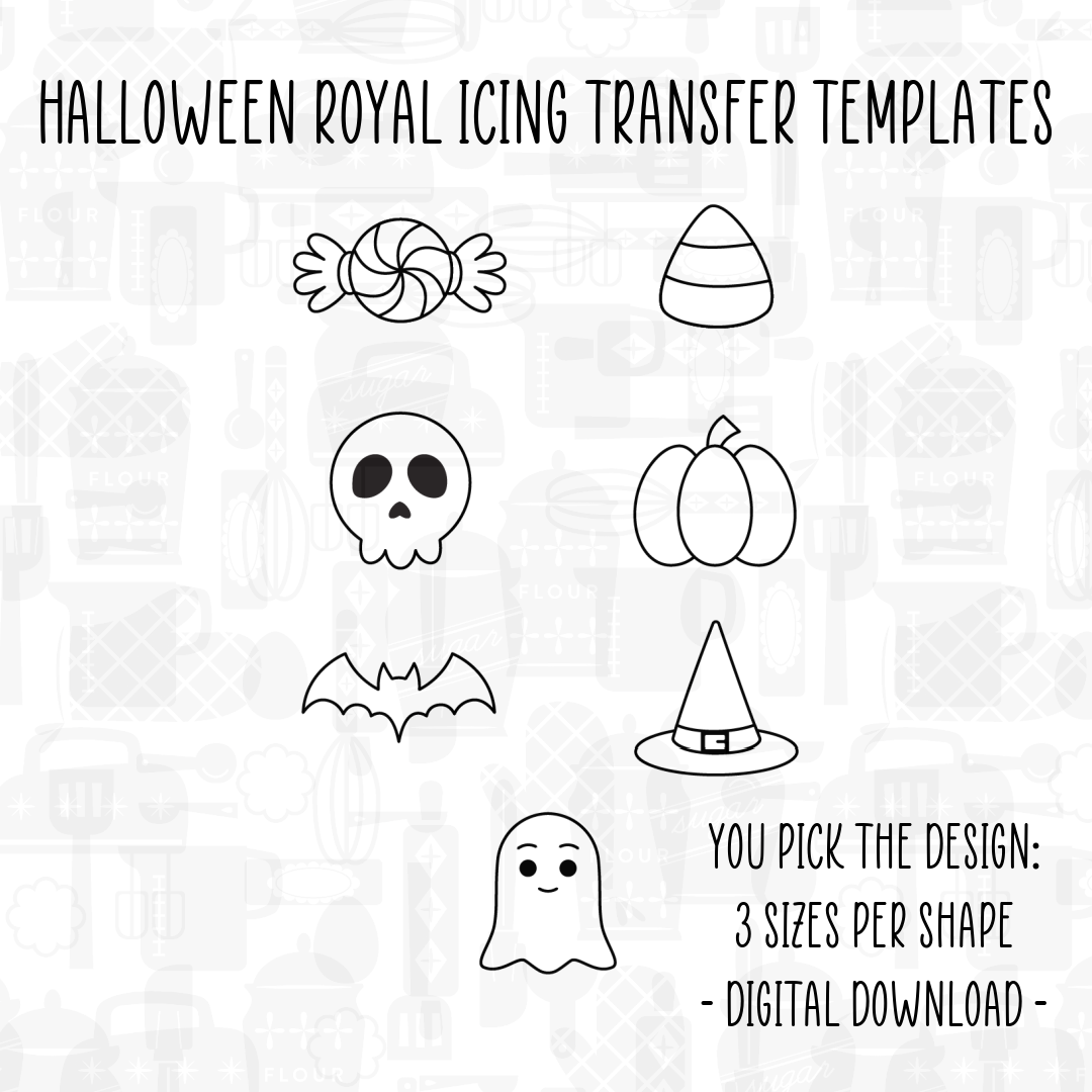Halloween themed royal icing transfer template PDF, watermelon, pizza, orange, lemon, and lime shapes